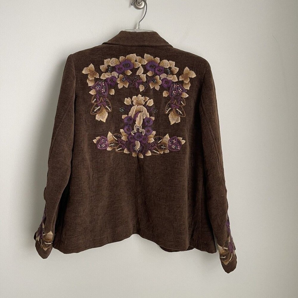 Coldwater Creek Brown Floral Embroidered Embellished Velour Jacket Women…